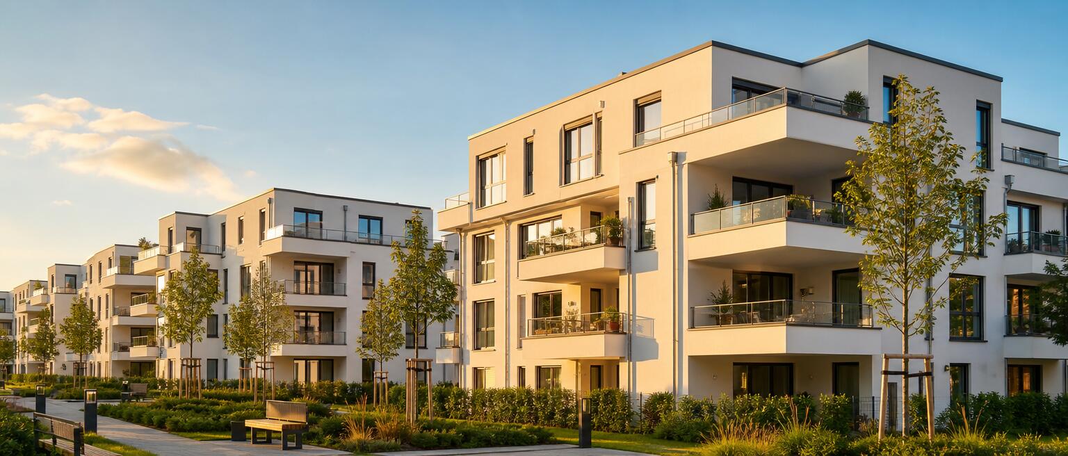 Moderne Wohnanlage mit mehreren Gebäuden